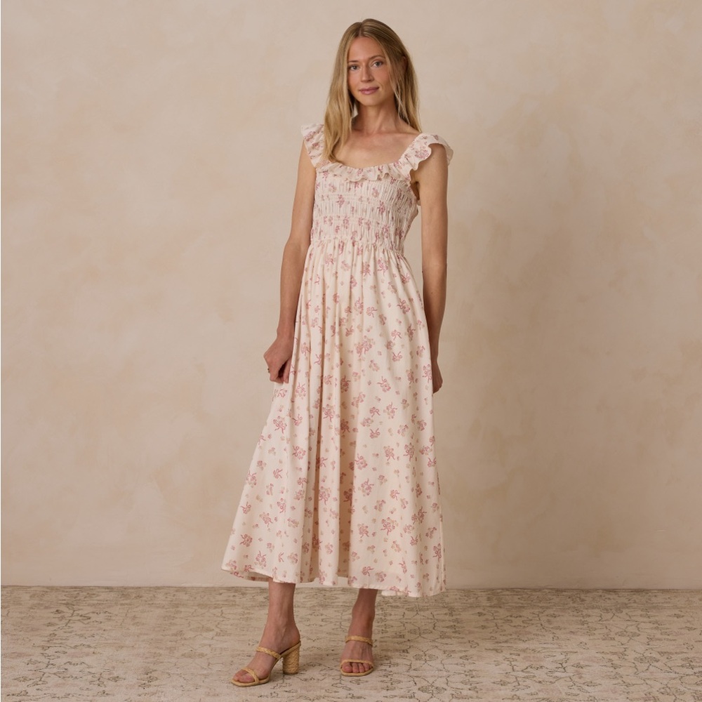 Ruffled Smocked Midi Dress in Blush Floral